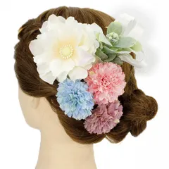 髪飾り 成人式 振袖 浴衣 卒業式 袴 結婚式 6点セット 白 ピンク 水色 花 和 洋 かんざし 手作り 簪 つまみ細工 ちりめんフォーマル 花飾り 玉飾り ブライダル W38 293-273 白 ピンク 水色  p992　Si