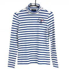 【美品】キャロウェイ 長袖ハイネックシャツ 白×ブルー ボーダー 表微起毛 アクリル混 レディース S ゴルフウェア Callaway