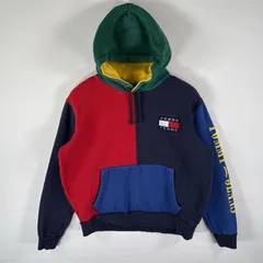 古着 トミージーンズ TOMMY JEANS パーカー マルチカラー クレイジーカラー スウェット 袖ロゴ刺繍 プルオーバー  L  ネイビー メンズ