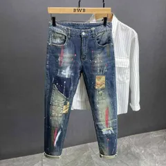 メンズ  服  シンプル ファッション オシャレ 大人 かっこいい 大きいサイズ ストリート 紳士服 秋ブルー リップド ジーンズ ペイント スプラッシュ スリムフィット ストリート ロング パンツ