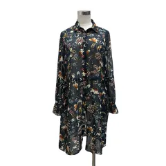 ザラ ベーシック ZARA BASIC シャツワンピース 長袖 ひざ丈 花柄 8349/174/400 M 青 ブルー 白 ホワイト マルチカラー