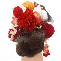 髪飾り 成人式 つまみ細工 赤 振袖 前撮り 袴 花 3点セット 白 ピンク 房つき かんざし 和柄 ちりめん 古典 レトロ ヘッドドレ No.9-3367