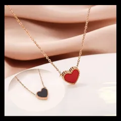 両面黒赤 ハート シェル ペンダント ジュエリー ネックレス