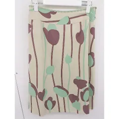 ◇ EDDY FORMATION 総柄 フリル 膝下丈 フレア スカート サイズ2 ベージュ ブラウン グリーン レディース  【1204250009434】