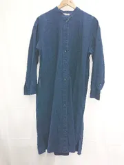 ◇ ⊇ MUJI 無印良品 ムジルシ バンドカラー 長袖 膝下丈 デニム シャツ ワンピース サイズM-L ネイビー系 レディース E  【1507230005533】