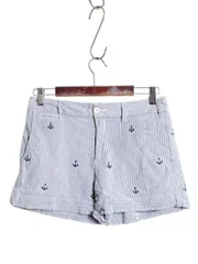 【お得なクーポン配布中!】 ポロ ラルフローレン シアサッカー ストライプ 総柄 ショートパンツ レディース S 程/ ショーツ アーミー タイプ モノグラム ストレッチ