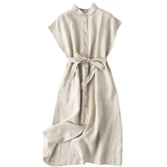 M_ベージュ [フェイミー] リネンワンピース レディース 夏 ノースリーブ ベージュ M フレンチスリーブ シャツ シャツワンピ おしゃれ かわいい 綿 麻 リネン ワンピース ロング マキシ丈 体型カバー カジュアル マキシ丈ワンピース リゾート 夏服 夏