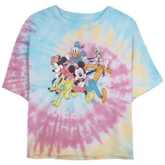 【送料無料】 ディズニー レディース Tシャツ トップス Disney's Mickey Mouse And Friends Running Together Crop Top Tie Dye Juniors' Graphic Tee Blue Pink Li