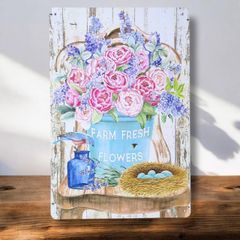 ブリキ看板 FT002 ピンクのバラとラベンダー パネル 看板 壁掛け 北欧 花 フワラー 植物 カラフル レトロ プレート ガーデニング インテリア おしゃれ 玄関 庭 ウエルカムボード デザインプレート ブリキプレート 薄型 軽量 アンティーク カフェ