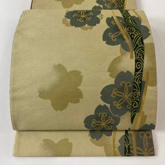 袋帯 美品 秀品 花 シルエット 金通し 金糸 ベージュ 六通 正絹 【中古】