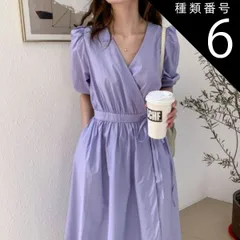 種類6：ライトブルー/M ワンピース ワンピドレス 膝下 ロング ロング丈 袖あり 半袖 パフスリーブ 萌袖 カシュクール 襟なし セミフレア Aライン ウエストリボン ポケット ハイウエスト 綿 リネン かわいい 大人可愛い シンプル カジュアル 大人 おし