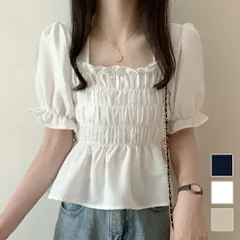 シャーリングブラウス レディース 10代 20代 30代 韓国ファッション 夏 カジュアル 可愛い シンプル おしゃれ 無地 白 黒のサムネイル