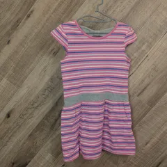 M1-01084【Kids】3can4on(サンカンシオン) 半袖 ワンピース 女の子 (120) / ピンク×青×白×水色×グレー ボーダー柄 全体的に毛羽立ち有 裏、首のリボンの両はじほつれ有 裏、裾内側ほつれ有 G