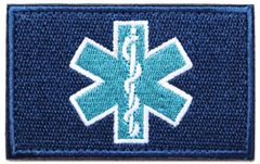 ワッペン アスクレピオスの杖 救急医療のシンボルマーク 命の星 マジックテープ（ベルクロ・面ファスナー）着脱式 ミリタリー サバゲー 刺繍パッチ 長方形 青