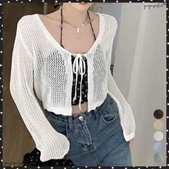 カーディガン長袖 レディース ショート丈クロップド丈 ニットカーディガン 薄手 透かし編み サマーニット 夏トップス 前開き へそ出し お洒落 韓国風 リボン羽織り 冷房対策 サマーカーディガン 着やせ お出かけ