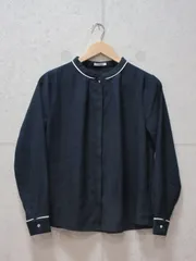 ハニーズ GLACIER グラシア バンドカラー ブラウス シャツ 長袖 Sサイズ ネイビー オフィス 通勤
