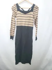 ◇ ⊇ ROYAL PARTY ロイヤルパーティー ボーダー 長袖 膝下丈 ニット ワンピース サイズF ブラック ベージュ レディース E  【1506110003638】