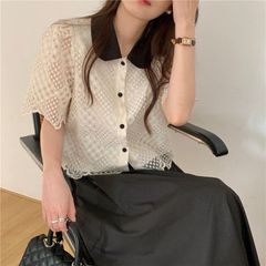 【匿名配送対応】半袖ブラウス レース刺繍 トップス 洋服 M