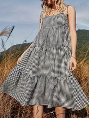 春夏にぴったりのグリッド柄キャミワンピース　カジュアルな袖なしティアードヘムワンピース　レディース服　Lサイズ