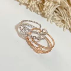 カメリア 2連 リング ラインストーン シルバー ピンクゴールド