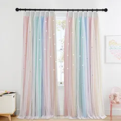【即日発送】子ども部屋 ロマンティック 目隠し 弥生の色 省エネ 可愛い 防音 白いレースカーテン付き グラデーション あたたかでやさしい 2枚セット 星柄 遮光カーテン 姫糸 100ｘ110cm 透かし彫り DANCE PONY