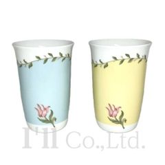 【未使用品】Tiffany&Co.　ティファニー　ピンクチューリップ　カップ　2客セット　陶器　ホワイト　ブルー　イエロー　インテリア食器　テーブルウェア　コップ　ペアカップ　コーヒーカップ　花【中古】【76789】