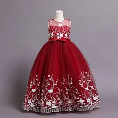 【レッド】　子供人気ロングドレスワンピース刺繍ドレス　ジュニアドレスピアノ発表会演奏会　コンクール　ふんわりボリュームスカート　豪華ドレス　高見えドレス