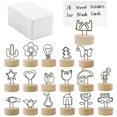 【迅速発送】Enkrio 木製 メモホルダー メモクリップ 写真立て カードスタンド 100枚の白いカード付き 18個入り 卓上 木＆金属製 メモスタンド 記念日 結婚式 パーティー