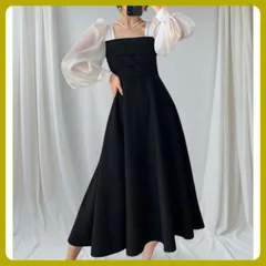 【匿名配送】レディースワンピースドレス 黒のAラインワンピース パフスリーブ スクエアネック フレア シフォンロングワンピース  ひざ下丈 長袖 おしゃれ 体型カバー 着痩せ きれいめ カジュアル フォーマル 結婚式 二次会 パーティー 女子会 インポート