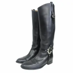 グッチ GUCCI レザー ロングブーツ ジョッキーブーツ 乗馬 246703 G金具 牛革 カーフ シェリーライン 黒 ブラック 38 25cm相当 IBO68