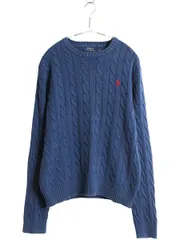 【お得なクーポン配布中!】 ポロ ラルフローレン コットン ケーブル ニット セーター メンズ М 古着 長袖ニット ワンポイント クルーネック シンプル きれいめ ブルー
