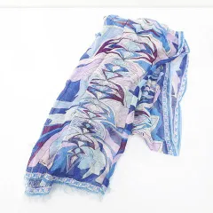 エミリオプッチ EMILIO PUCCI ストール マフラー 青系 ブルー 総柄 麻 リネン 綿 コットン混 切りっぱなし