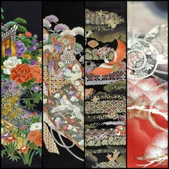 【4999円均一】リユース 黒留袖 4枚 まとめ売り 鶴 宝尽くし霞 金駒刺繍 金彩 亀甲花菱 七宝花菱 青海波 鼓 扇面松 牡丹 桔梗 菖蒲 杜若 五葉松 流水 御簾 日本刺繍 リメイクに リサイクル着物 ドレス ワンピース ファブリック