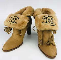 CHANEL★シャネル・レディース レザー ムートンココマーク フリンジ付き チャンキーヒール ブーティ ショートブーツ(36.5)イタリア製 レディースブーツ 秋冬物 ブーティ レディース靴