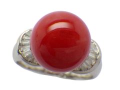 血赤さんご ダイヤモンドリング Pt900 8.74g 16号 GRJソーティング付き　Jewelry Ox Blood Coral12.1mm Dia0.43ct Ring