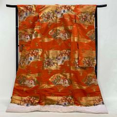 色打掛 正絹 鶴 刺繍 金 オレンジ  打掛 Mサイズ 裄66 花嫁衣裳 婚礼 リサイクル 中古 ブライダル ウエディング 着物 4028