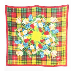 ケンゾー KENZO スカーフ ストール 大判 スクエア ウール 花柄 チューリップ ダリア ガーベラ チェック ロゴ 赤 レッド /CK26 ■GY11のサムネイル