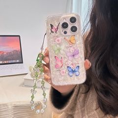 iPhone16proケース バタフライ ストラップ付き iphoneケース スマホケース iphone15proケース iphone14ケース iPhone13ケース
