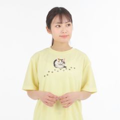 【 ライトイエロー 】 アニマル Tシャツ (三毛猫) Type1 スマイル ペット かわいい ドライ ポリエステル 半袖 Cat ねこ ネコ