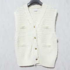 美品 green label relaxing グリーンレーベルリラクシング フリンジツイード Vネック ニット ベスト 3618-105-0543 アイボリー レディース 古着 中古 USED
