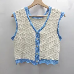 ◇ Θ w closet ダブルクローゼット コットン100% 透かし編み 袖なし ニットベスト サイズF ホワイト ブルー レディース E  【1502030043952】