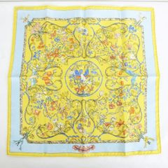 美品 HERMES エルメス カレ45 ポケットチーフ Pierres d' Orient et d' Occident 東洋の石と西洋の石細工 スカーフ シルク イエロー×ブルー B0062-0516-3