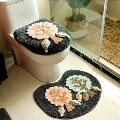 【在庫処分】GLYYJP 柔らかく 花柄トイレカバー 3点セット 足元マット 便座シート フタカバー O型U型便座トイレ兼用 暖かい ふわふわ可愛い 通用型 調整可能 洗える 伸縮性 低反発和風防寒厚手 超吸水速乾抗菌防臭 滑り止め家庭用ホテル用 リー