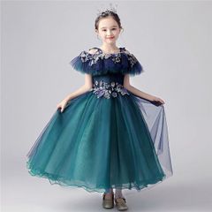 キッズドレス 子供 ドレス ピアノ発表会 子どもドレス ワンピース 女の子 可愛い 結婚式 子供服 キッズ ジュニア 七五三  演奏会 ステージ衣装 パーティードレス オフショルダー 肩だし 花柄 上品 160サイズ グリーン dt017zm