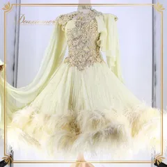 社交ダンス 衣装 スタンダードドレス スタンダード ドレス ワンピース 黄色 ファー フロート ボリューム イエロー系 CHOICE LONDON チョイスロンドン デモ 競技 ダンス パーティ 柔らかい 明るい色 ステージ衣装 エレガント おしゃれ