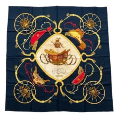 HERMES エルメス スカーフ 紺 白 マルチカラー 大判 カレ90 SPRINGS スプリングス 馬車柄 シルク レディース