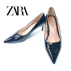 ZARA パンプス ポインテッドトゥ エナメル 38 ブラック ザラ ブラック ローヒール hws01332