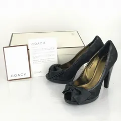 箱付き★イタリア製★COACH★シグネチャー柄/ハイヒールパンプス【24.0/黒】オープントゥ/リボン装飾/コーチ◆A7-76