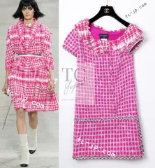 シャネル ワンピース CHANEL ピンク ホワイト メタリック トリム コットン 春夏 サマー ツイード カール・ラガーフェルド作品 超美品 38