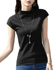 Haberry(ハベリィ) 半袖 Tシャツ ハイネック カットソー フレンチスリーブ トップス レディース( ブラック,  2XL)